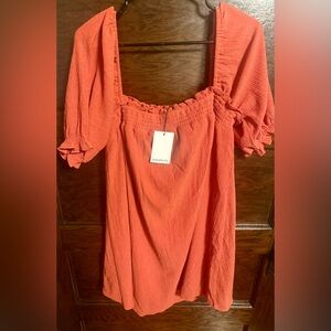 Sugarlips Dress‎,Orange Puff Sleeve Smocked Mini Square Neck Cottagecore,